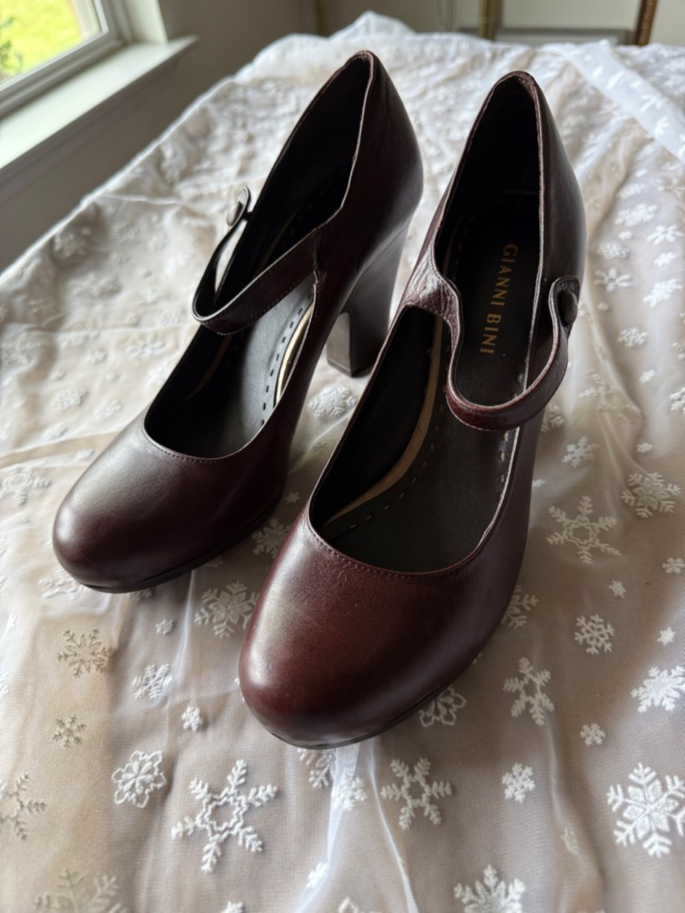 Gianni Bini Burgundy Mary Jane Block Heel Pumps